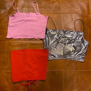 3 Vintage Y2K Club Rave Red Corset Shimmer Baby Pink Ruffle Crop Top Dance Small